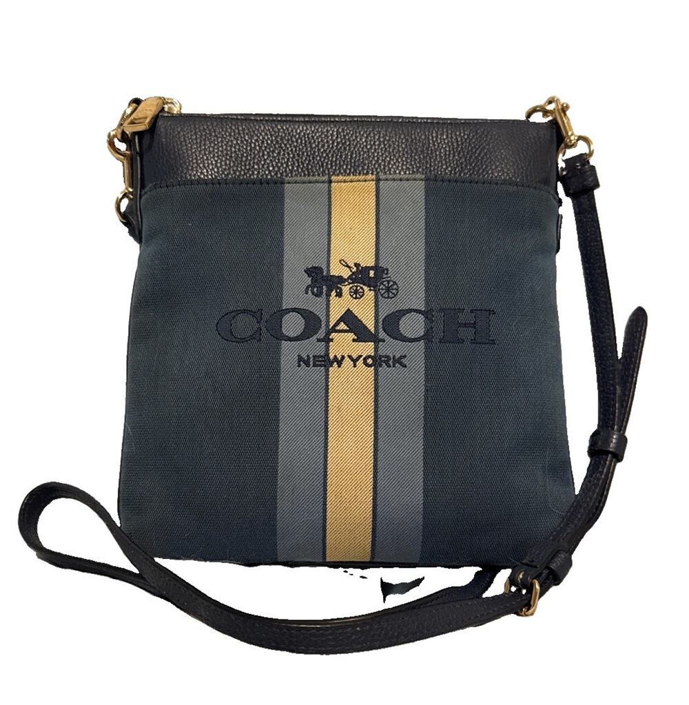 Rare Coach New York Denim Jacquard Kitt Crossbody Messenger Bag Purse Navy